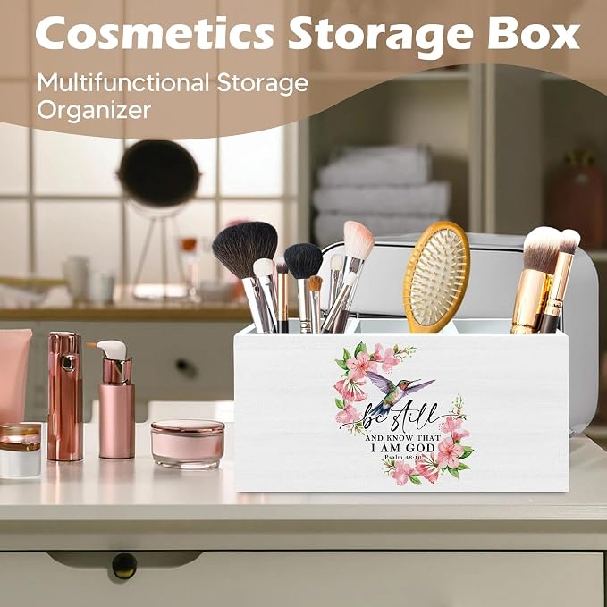 DILSJ Christian Bible Verse Pen Pencil Holder Organizer for Desk, Hummingbird Gifts for Women, Be Still And Know That I Am God Wooden Box Signs for Home Office Church Desk Tabletop Decoration