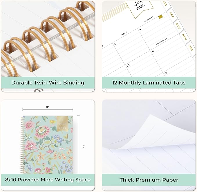 Blue Sky Day Designer 2026-2027 Monthly Academic Year Planner Calendar, July 2026 - June 2027, 8" x 10", Monthly Layout, Flexible Cover, Wirebound, Laminated Tabs, Climbing Floral Mint