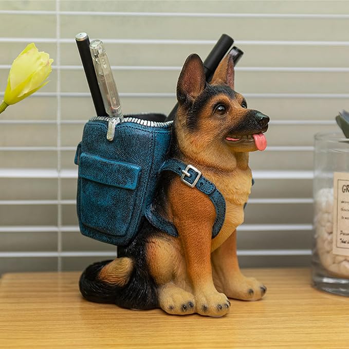 German Shepherd Pen Holder, Office Desk Organizer, Pencil Holder with Backpack, Decorative Resin Dog Statue, Pen Storage for Office, School, Home, Ideal Gift for Dog Lovers (A)