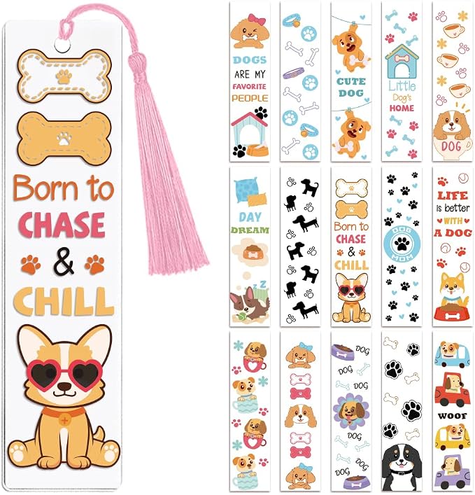 Peacoblue 30pcs UV DTF Bookmarks Transfer Stickers Wraps Cute Dog for Women Men Reading, Waterproof Bookmarkers Decal(No Blank Bookmarks) for Acrylic Plastic Metal Blank Bookmark