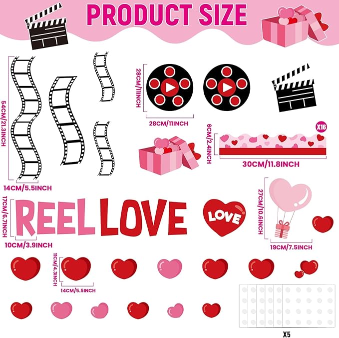 Valentine's Day Bulletin Board Decorations Movie Night Bulletin Board Movie Themed Paper Cutouts Valentines Red Pink Heart Classroom Decor for Wall Chalkboard Decor Supplies