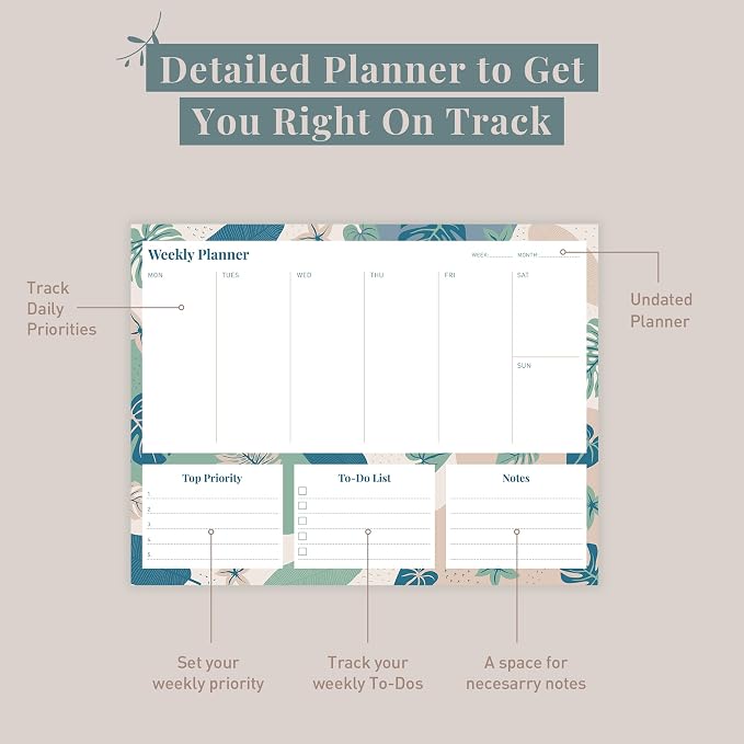 Riley's Weekly Planner Pad, Calendar Tear Off, Desk Organizer, To Do List Notepad, Undated Daily Planner 11" x 8.5"
