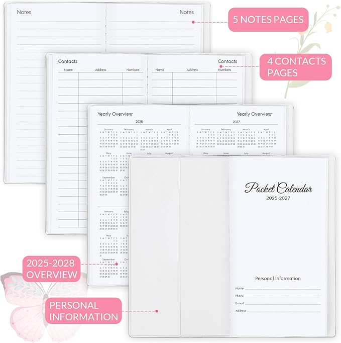 Phyxin Pocket Calendar 2025-2027, Two Year Pocket Planner - Runs From Jul 2025 Until Dec 2027, Small Size Planner - 6.7" x 3.7", Small Calendar for Easy Organizing, Butterfly