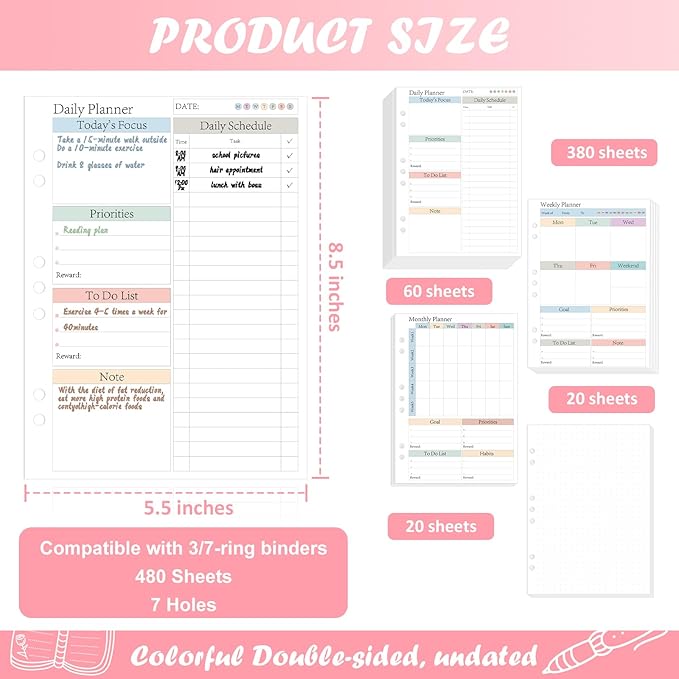 ADHD Half Letter Planner Refill Pages Planner Inserts 5.5" x 8.5" for 3/7 Ring Binder Daily Weekly Monthly 480 Sheets/960 Pages Undated Planners Colorful To Do List 7-Hole Refill Paper 120 GSM Thick Loose Leaf Paper Punched for 3 Months Neurodivergent ...