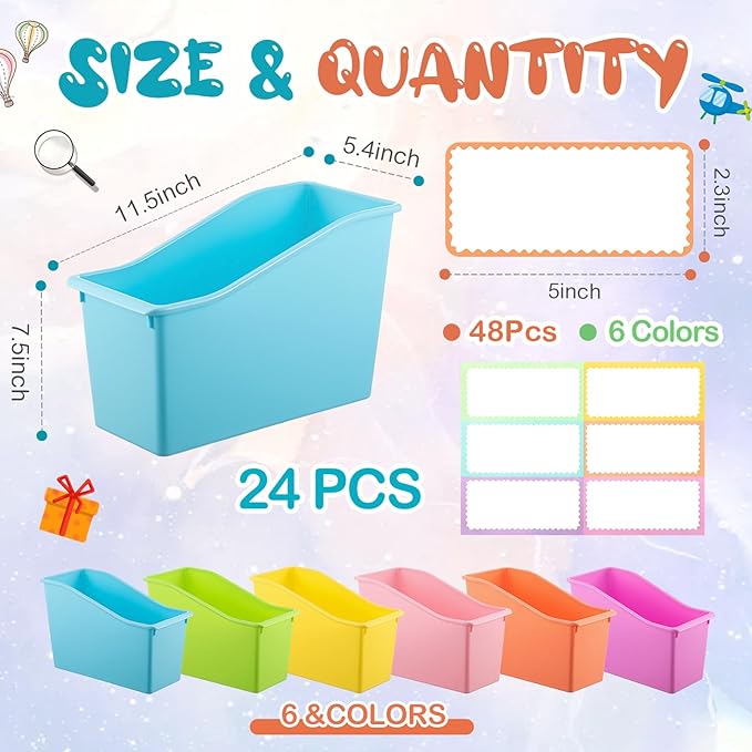 Geetery 24 Pcs Book Bin for Classroom with Labels Stackable Plastic Organizing Bins 11.5 x 5.4 x 7.5 in Book Holders Storage Bins Box Baskets for Classroom Library Home (Pastel Color)