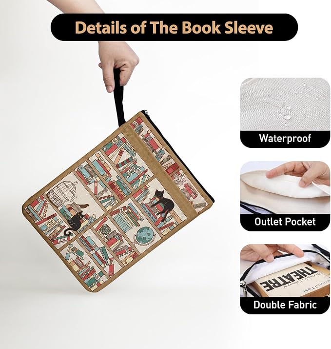 Black Cat Book Sleeve Book Lovers Gifts for Readers - Book Lover Bookish Gifts for Bookworm Women - Library Bookshelf Book Cover for Cat Lovers with Handle 9x12 Inch