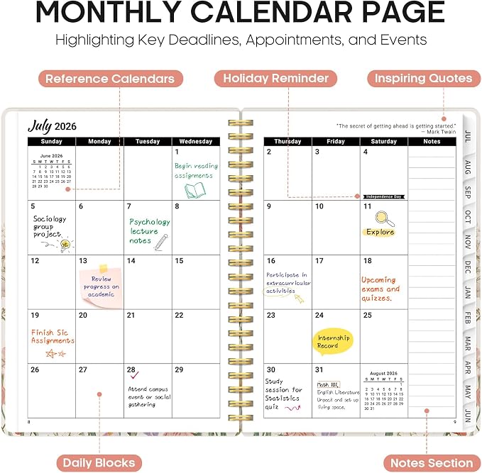 Planner 2026–2027, Academic Year Monthly & Weekly Calendar Book, Jul 2026–Jun 2027, Hardcover Organizer with Tabs, Student & Teacher Planner, 6.3" x 8.5", Bloom Planner