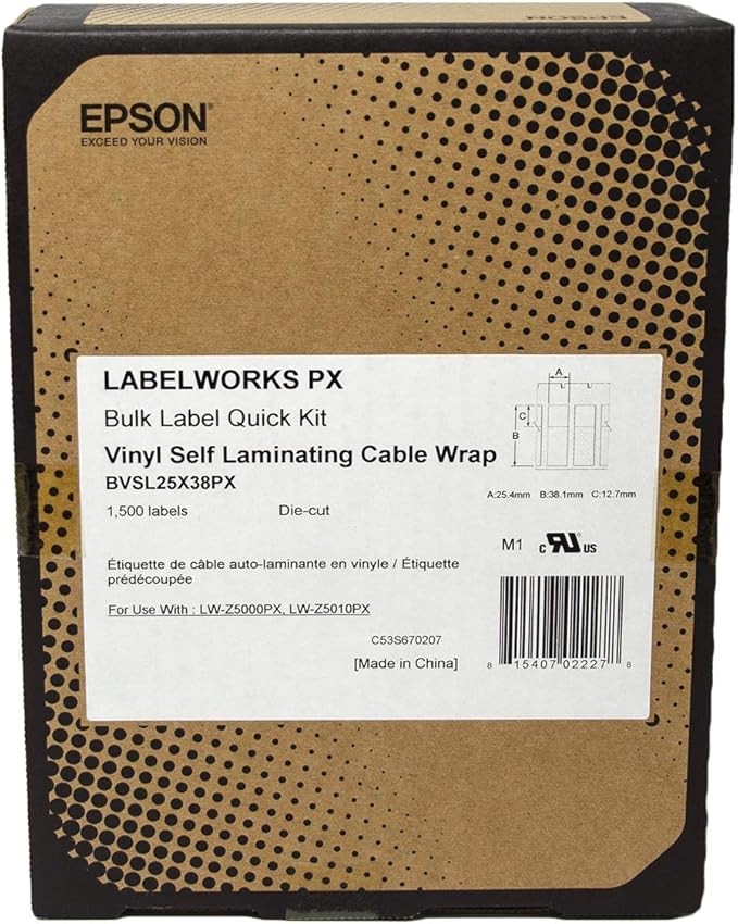 Epson LABELWORKSPX BVSL25X38PX Genuine Bulk Die Cut Self Laminating Overwrap Vinyl Tape - Black on White Flexible and Durable Industrial Label Maker Tape - 1" x 1.5" Wide, 1500 Labels per Roll