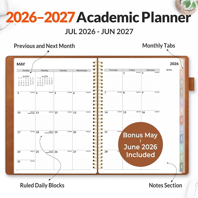 SUNEE 2026-2027 Weekly & Monthly Planner 9"x11.2" - 12 Month (July 2026 - June 2027), Vegan Leather Cover Planner Academic Year Calendar, Pocket, Notes, Monthly Tab, Brown