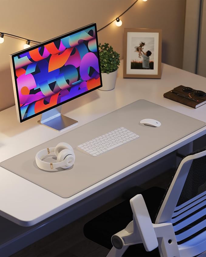 AFIING Desk Pad Protector 23.6" x 13.7" - Non-Slip Waterproof PU Leather Desk Mat for Mouse, Keyboard, Laptop, Office and Home Workspace (Beige)