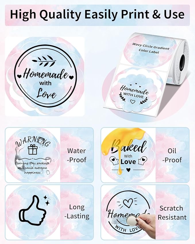 Phomemo Wavy Circle Thermal Label, Gradient Rainbow Blue Sticker Label for M110/M100/M220/M250/M108 Label Makers, 1.96" x 1.96" (50x50 mm), for Barcode/Address/Mailing/Logo/Business/Home