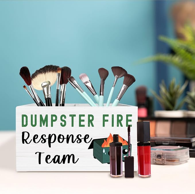 Funny Dumpster Fire Pen Holder for Desk, Dumpster Fire Response Team Wooden Box Sign Desk Decor for Office Decoration, Sarcastic Office Pencil Organizer, Funny Coworker Gifts