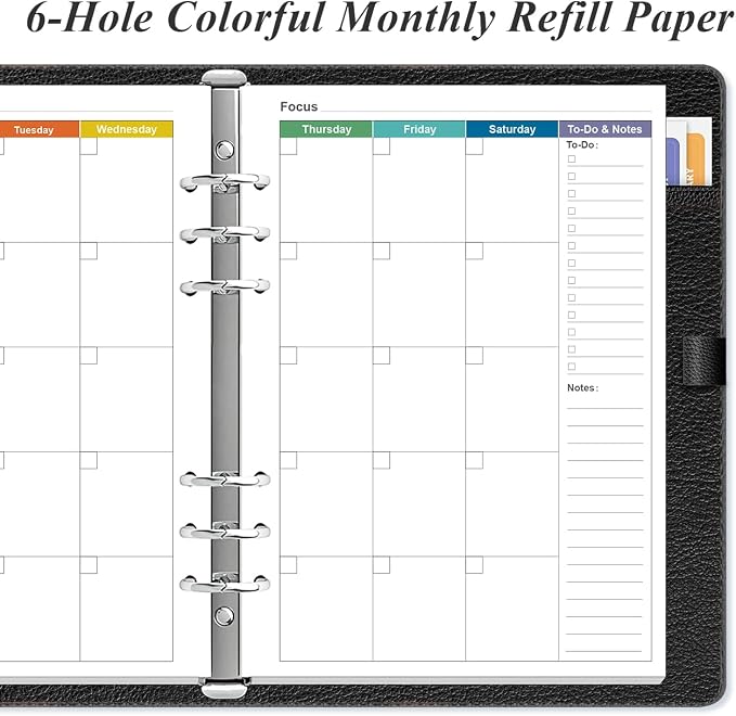 Monthly Planner Refills for A5 Binders - 53 Sheets/106 Pages Undated Colorful Monthly Planner, 6-Hole Punched, 100 gsm White Paper, Lasts 2 Year, Undated, 5.8" x 8.3"