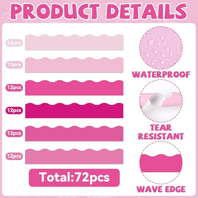Qyeahkj 85 Feet Pink Bulletin Board Border Classroom Scalloped Pink Bulletin Board Paper 6 Scalloped Border Trim DIY Supplies for Back to School Home Office Wall Decor,72 Pcs