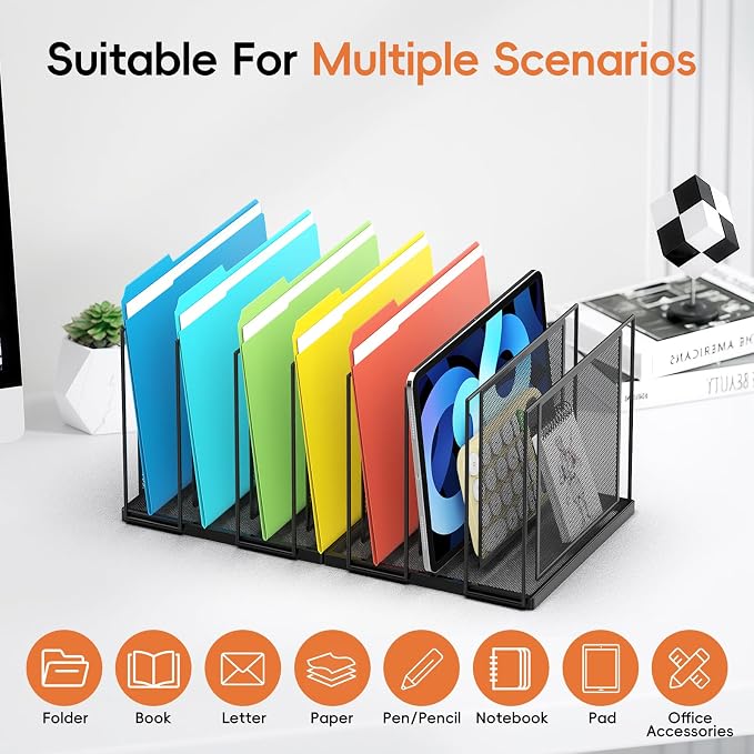 Desk File Organizer, 7 Section Vertical Metal File Organizer for Desk, Desktop File Organizer Stand, Paper Folder Organizer for Office Home Classroom Storage (Black, 7 Section)