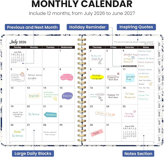 Planner 2026-2027, Monthly and Weekly Calendar Academic Planner July 2026 - June 2027, Hardcover Student Teacher Planning Agenda Book with Tabs, Perfect for Office School Supplies, A4 (8.5" x 11") - Blue Filigree