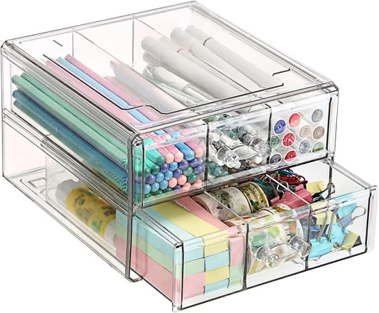 BTSKY Stackable Desk Organizer with 2 Layer Drawers, Clear Acrylic Drawer Organizer for Stationary Accessories, Medicine Cabinet, Vanity and Office Desk, Small Desktop Storage Box with 6 Grids