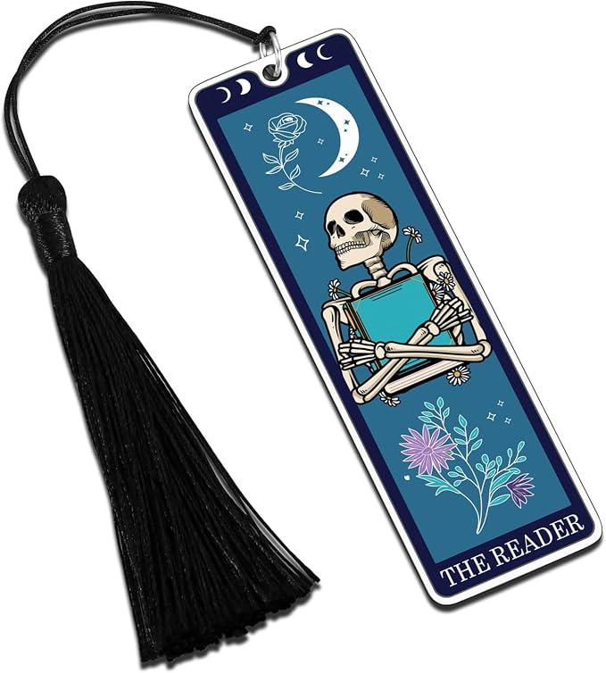 Halloween Spooky Bookmarks Basket Stuffers for Women Unique Skull Tarot Card Bookmark for Book Lovers Halloween Boo Basket Stuffers for Him Tarot Metal Bookmark with Tassels, Funny Christmas Bookmarks