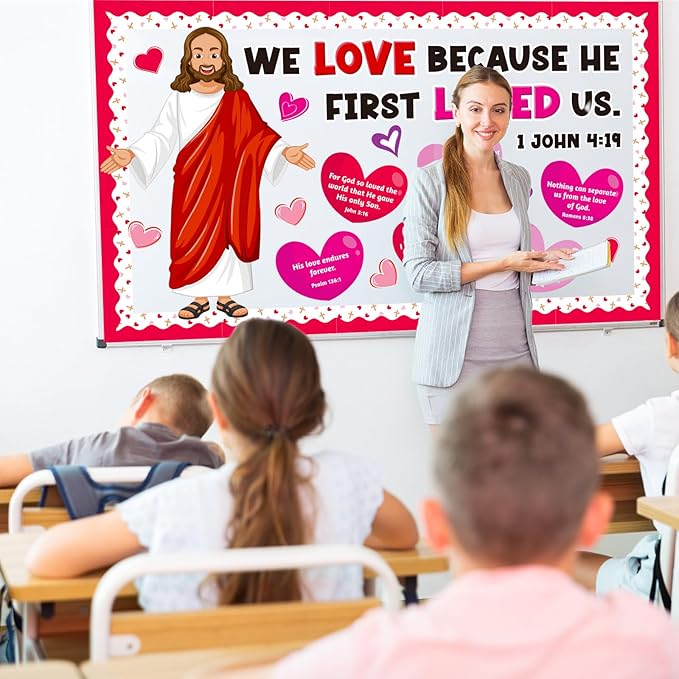 Valentine's Day Religious Bulletin Board Decoration Set, Valentines Day Christian Love God Classroom Decorations Jesus Lord Heart Cutouts Church Library School Home Window Wall Door Decor for Teacher