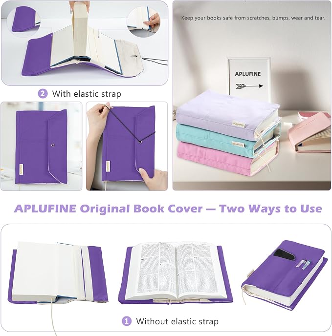 APLUFINE Canvas Book Covers, Washable Book Protector, Jumbo Book Cover for Paperback Novels, Adjustable Book Cover for Hardcover with Pockets for Pen, Soft Cover Books, Book Lovers Gifts, Lavender