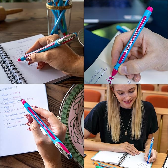 Schneider Slider Memo XB (Extra Broad) Ballpoint Pen, 1.4 mm, Light Blue Barrel, Pink Ink, Box of 10 Pens (150209)