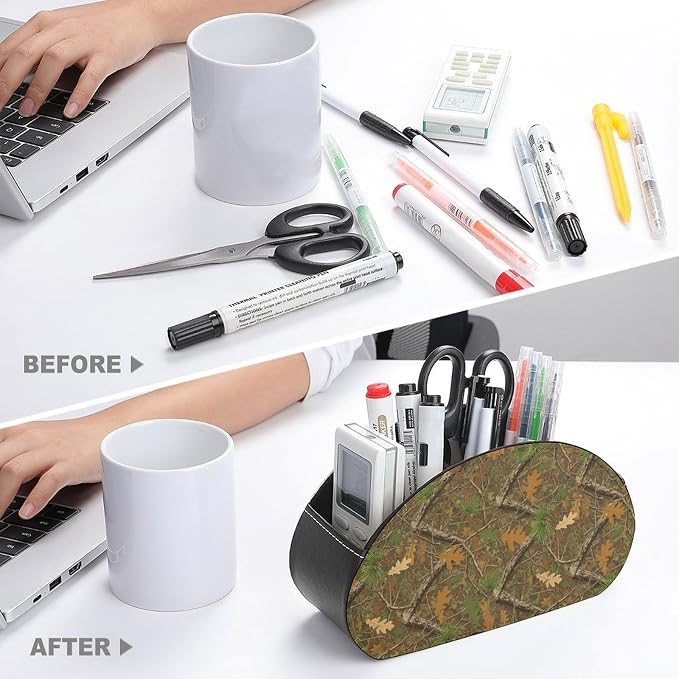 5-Slot Remote Storage Box, PU Leather Desk Organizer for TV Remotes, Makeup Brushes, and Bedside Table, Hunting Realistic Camo Tree Camouflage