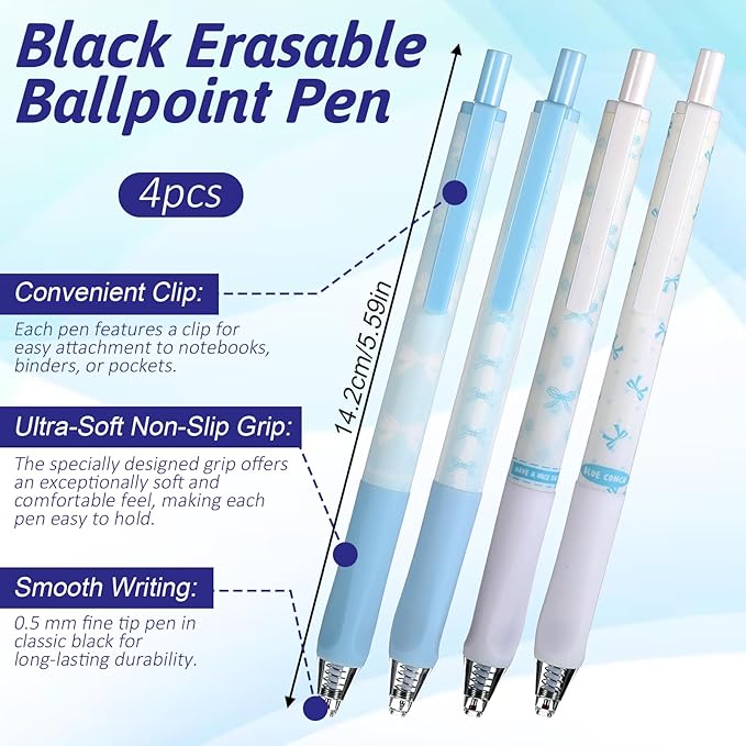 4PCS Retractable Bow Cute Pen, 0.5mm Black Fine Point Gel Pens, Quick-Drying Smooth Pens, Office Supplies for Men and Women (Blue White)
