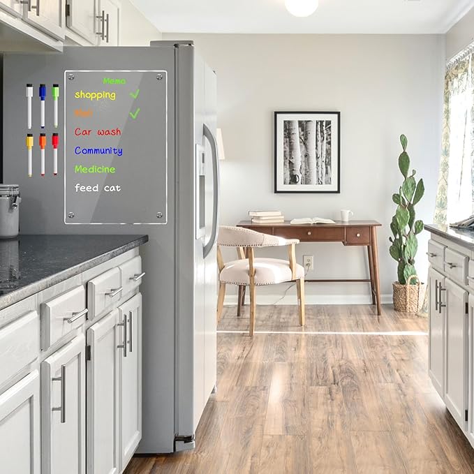 JonXon Acrylic Magnetic Dry Erase Board for Fridge 10"x14" Clear Acrylic Magnet Board for Refrigerator,Includes 6 Colors Magnetic Markers(Clear Blank)