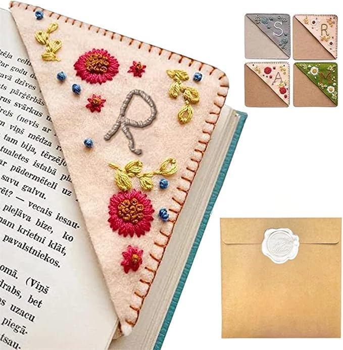 Personalized Hand Embroidered Corner Bookmark, 26 Letters Hand Stitched Felt Corner Letter Bookmark, Cute Flower Embroidery Bookmarks for Book Reading Lovers Meaningful Gift (Fall，R