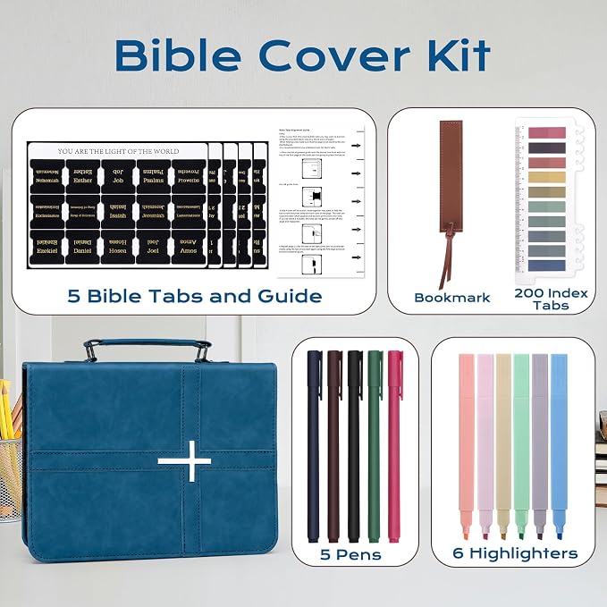 XKDOUS Bible Cover Case Leather Book Carrying Case Large Bible Bag Organizer with Cross, Handle, Pens, Tabs, Study Supplies Journaling Kit Father Day Christian Gifts for Dad, Mom, Men, Women