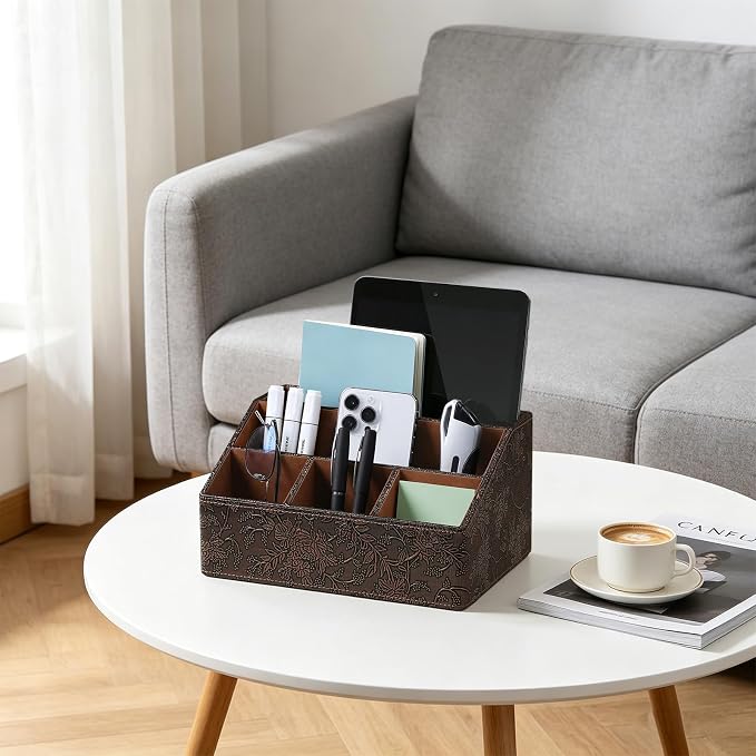 PU Leather Desktop Organizer, Home Luxury Remote Control Holder, Office Desk Accessory and Nightstand Storage Box, Vintage Style, Suitable for Living Room Tabletops (Brown Grape Pattern)