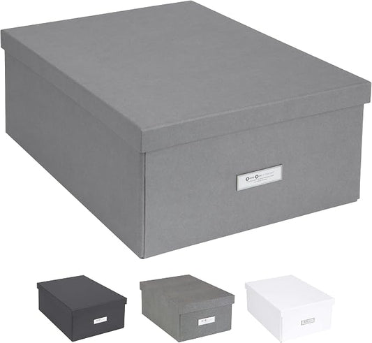 Bigso Box of Sweden Katrin Collapsible Storage Box with Labelframe for Easy Identification - Simple Assembly Without Tools - Decorative Storage Boxes with Lids - 13.5in x 17.6in x 7.2in - Gray