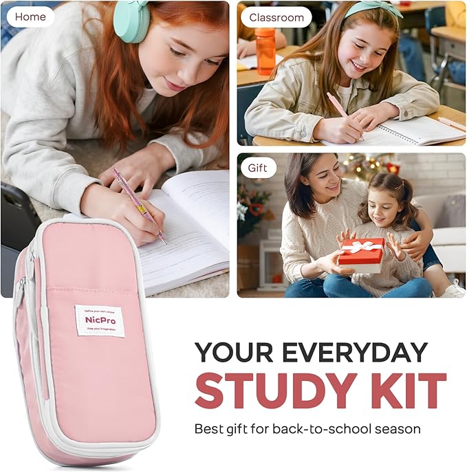 Nicpro 45PCS Aesthetic School Supplies with Pink Pen Case, Pastel Mechanical Pencils 0.5, 0.7, 0.9, 2mm with 462 PCS Lead Refills(4B 2B HB 2H 4H COLORS) Erasers For Student Writing Drawing