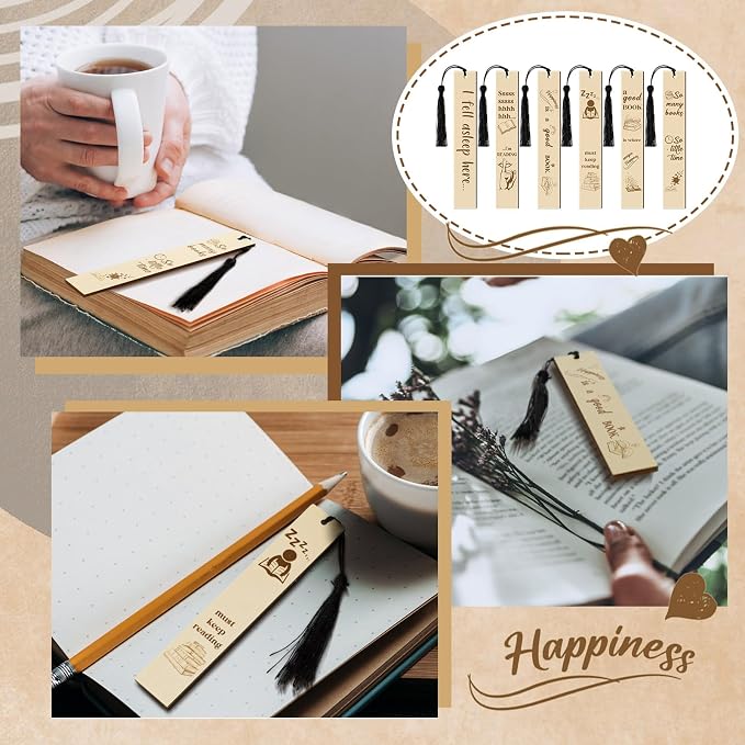 Colarr 12 Pcs Wood Bookmarks for Woman Book Club Gift for Book Worms Books Lovers Bookmarks Bulk with Tassels for Reading Party Favors Books Exchange Club Men & Women Friends(Charming)