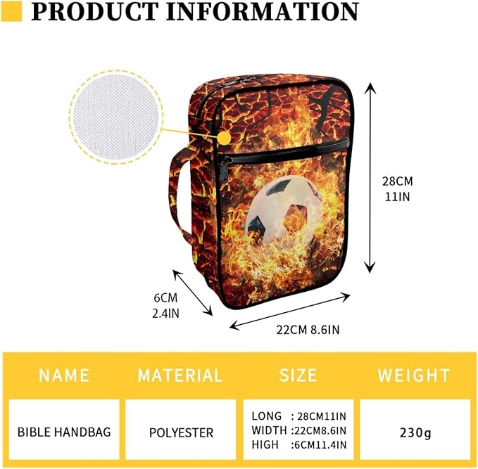 Coldinair Firing Soccer Print Bible Cover for Boys Kids Bible Case Carrying Book Case Church Bag with Handle and Zippered Pockets,Lightweight and Durable