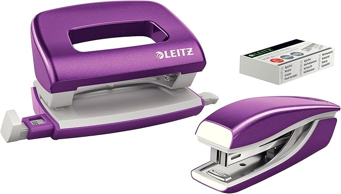 Leitz 55612062 Mini Stapler and Hole Punch Set, Staple or Punch Up to 10 Sheets, includes P2 N°10 Staples, WOW Range, Purple