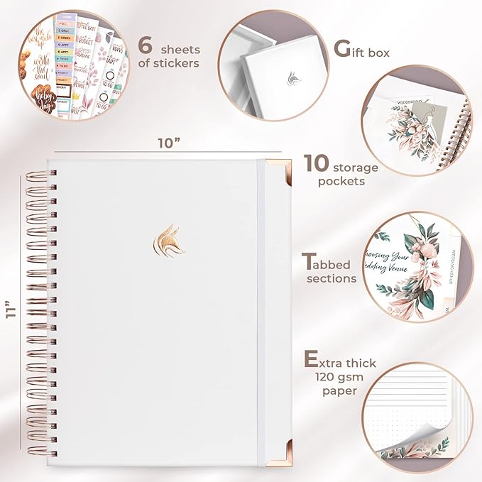 Clever Fox Wedding Planner – Notebook Organizer for Bride – Wedding Planning Binder Book with Pockets – Engagements Gift, 10x11″ (White)