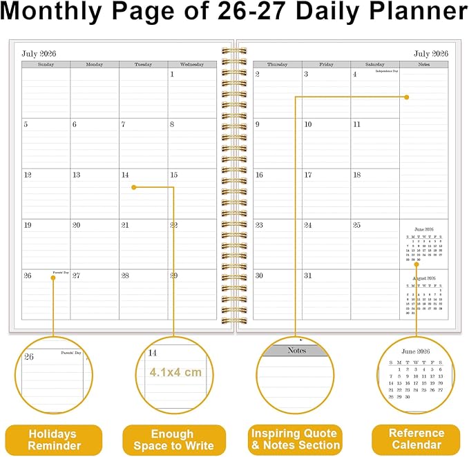 2026-2027 Daily & Monthly Planner Calendar - Daily Planner Calendar One Page Per Day from July 2026 to June 2027, Flexible Cover, 7" x 10", Storage Pocket, Green Leaf