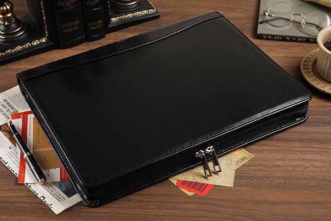 Black Leather Padfolio for Women/Men, Business Leather Binder 3 Ring Portfolio, Personalized Leather Portfolio Binder, Zippered Portfolio Organizer for A4 Notepad & 13-inch Laptop/Tablet