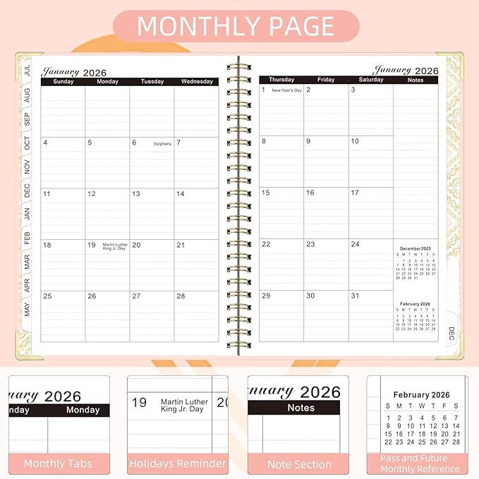 2026 Planner, Jan.2026 - Dec.2026 Weekly Monthly Planner 6.25"x8.5" with Page Tabs, Calendar Hardcover with Inner Pocket, Elastic Band, Twin-Wire Binding, Bookmark, Pink Love Heart