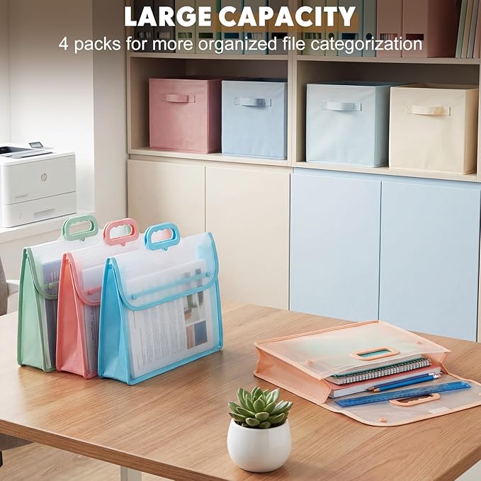 4 Pack Plastic Expanding File Folder with Handle Dividers Large Capacity Transparent Document Organizer Pouch Colorful Envelopes with Snap Closure Fit Letter/a4 Size for School Office Home