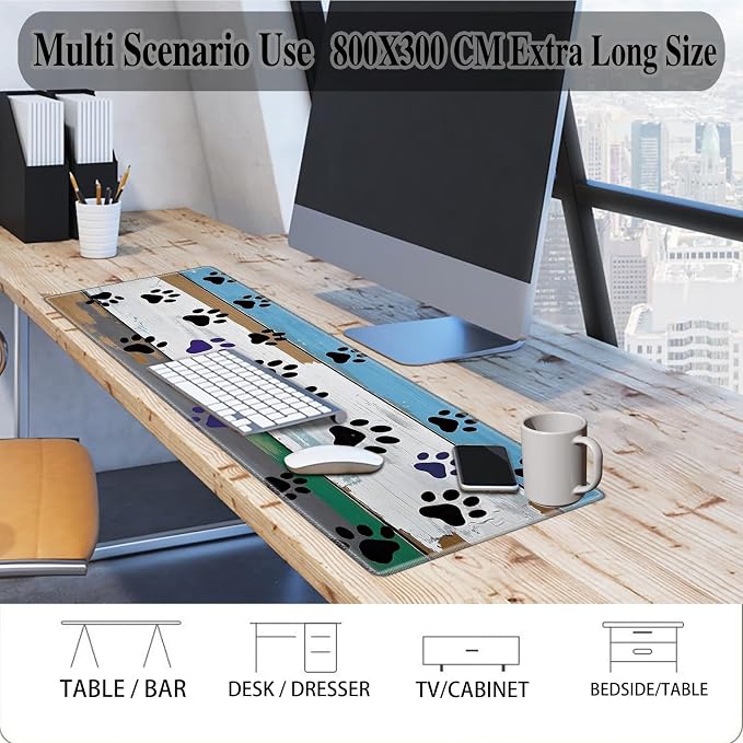 Mouse Pad Gaming Mousepad 31.5x11.8 Inch XXL Large + Coasters,Desk Mat with Stitched Edges, Non-Slip Rubber Base, Thick Mouse Pad for Computer, Laptop, Office & Home - Wooden Plank Cat Paw Print
