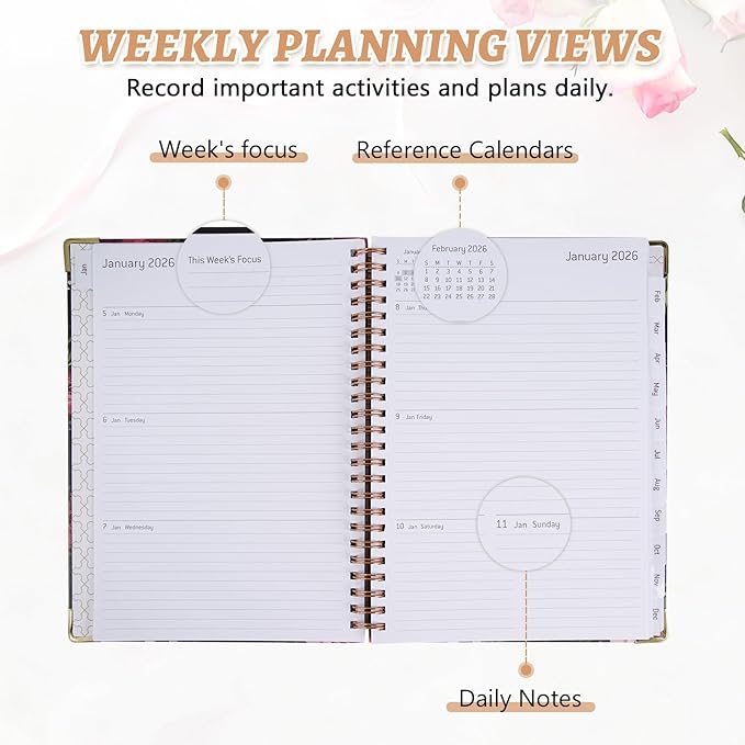 2026 Appointment Book,Weekly and Monthly Calendar Planner for Women, Jan 2026 - Dec 2026, Hardcover Planning Agenda book with Tabs, Spiral Bound, Inner Pocket, Perfect for School Office Supplies, 8.4" x 6.3" (Black and Rosa)