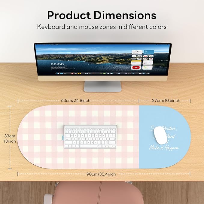 Checkered Pattern Desk Pad Protector, 35.5 x 13'' Aesthetic Mouse Mat for Desktop, Waterproof PU Leathe Non-Slip Desk Writing Pad for Office and Home, Light Pink and Blue