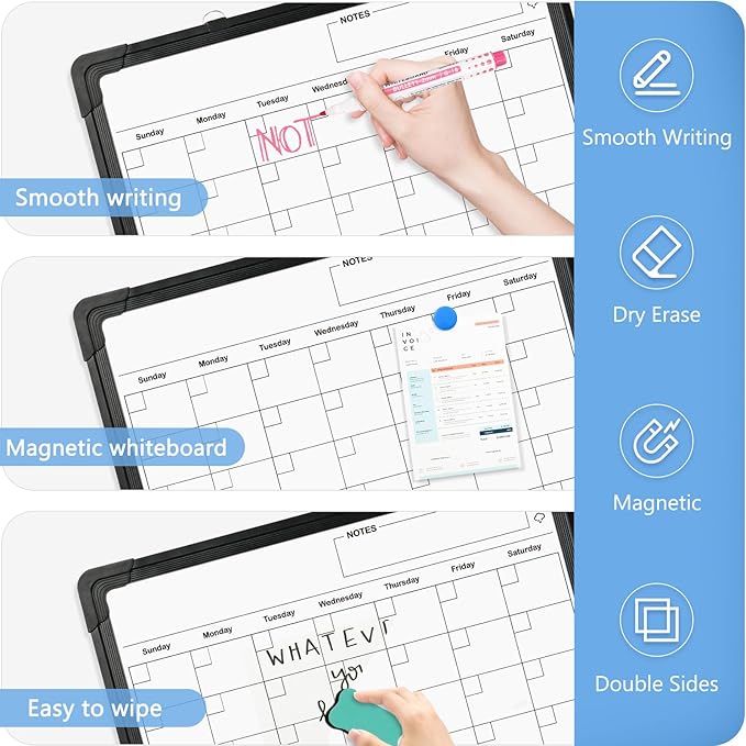 Double-Sided White Board Calendar, 16" x 12" Black Dry Erase Calendar Whiteboard Calendar for Wall Magnetic Hanging Calendar Whiteboard for Drawing, Kitchen, Planning, Memo, Home, Office