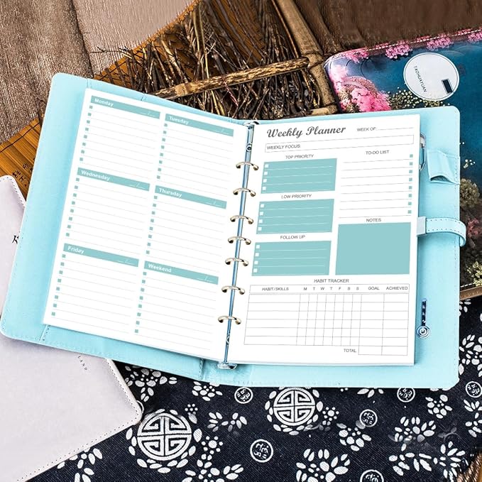 7-Hole Weekly Planner Refills for Mini Binders - 53 Sheets/106 Pages Weekly Planner Paper, 100 gsm White Paper, Lasts 1 Year, Undated, 5.8" x 8.3", Teal