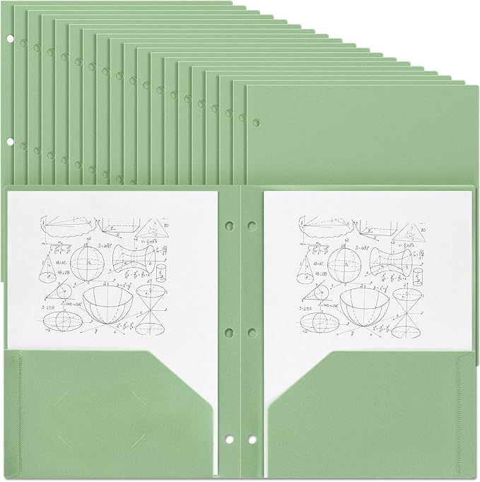 Yeaqee 72 Pcs Plastic Folders with Pockets Bulk 3 Hole Punched 2 Pocket File Folders for 3 Ring Binder Divider Folder for Notebooks, Durable Poly for Office Home (Sage Green)