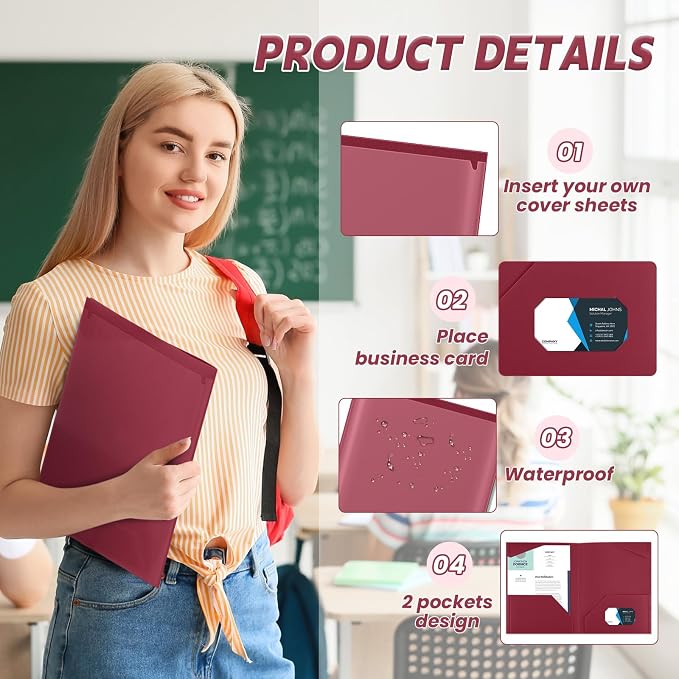 Henoyso 36 Pack Dark Red Plastic Folders with Clear Front Pockets Heavy Duty File Folders with 2 Pockets and Card Slot for Student Communication School Office Presentation Report