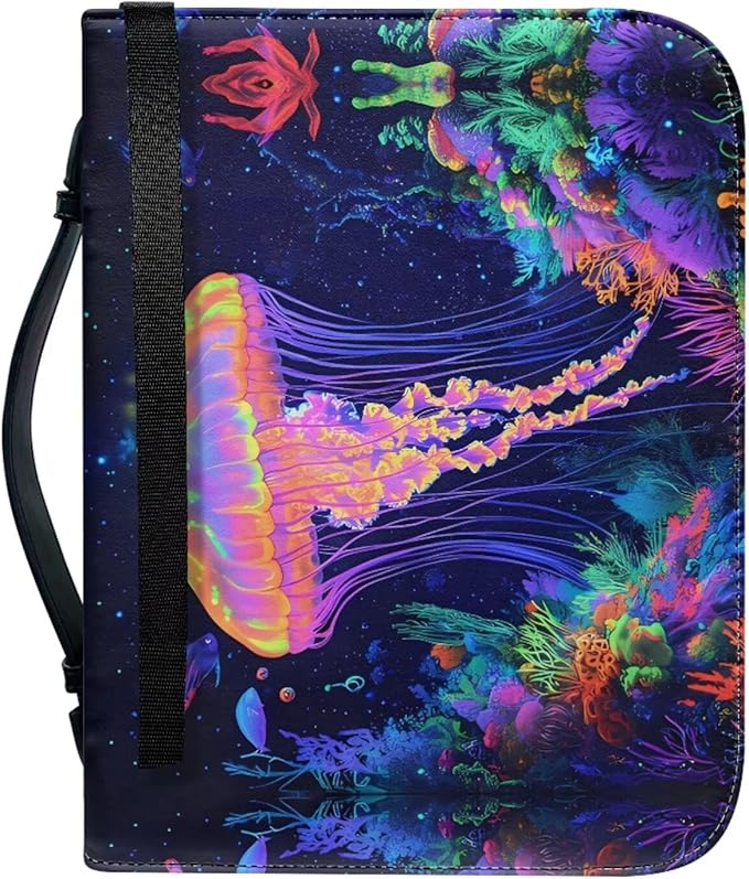 Jellyfish Print Bible Bag with Bible Cover Case for Women，Bible Carrying Book Case with Handle Fits for Standard Size Bible-Size L