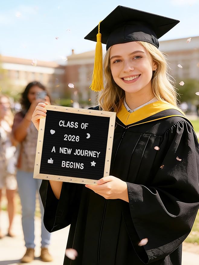 Changeable Felt Letter Board with LED Lights - 10×10" Message Custom Signs & Wood Stand & 450 Letters, Poster Board for Graduation/Baby/Pregnancy Announcement/Classroom Wall Decor Gifts, Black